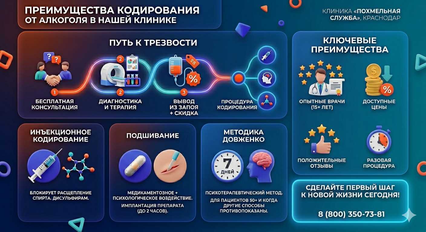 Инфографика о методах кодирования от алкоголя в Краснохолмском: инъекции, подшивание, метод Довженко. Преимущества клиники и этапы лечения.
